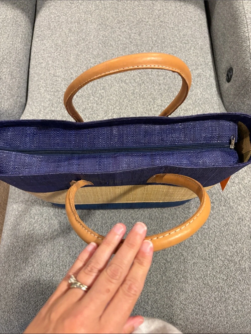 SHEBOBO Santorini MediumStriped Blue and Natural Straw Tote Bag with Tan Handles